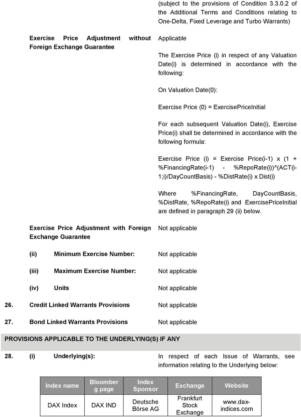 respect of any Valuation Date(i) is determined in accordance with the following: On Valuation Date(0): Exercise Price (0) = ExercisePriceInitial For each subsequent Valuation Date(i), Exercise