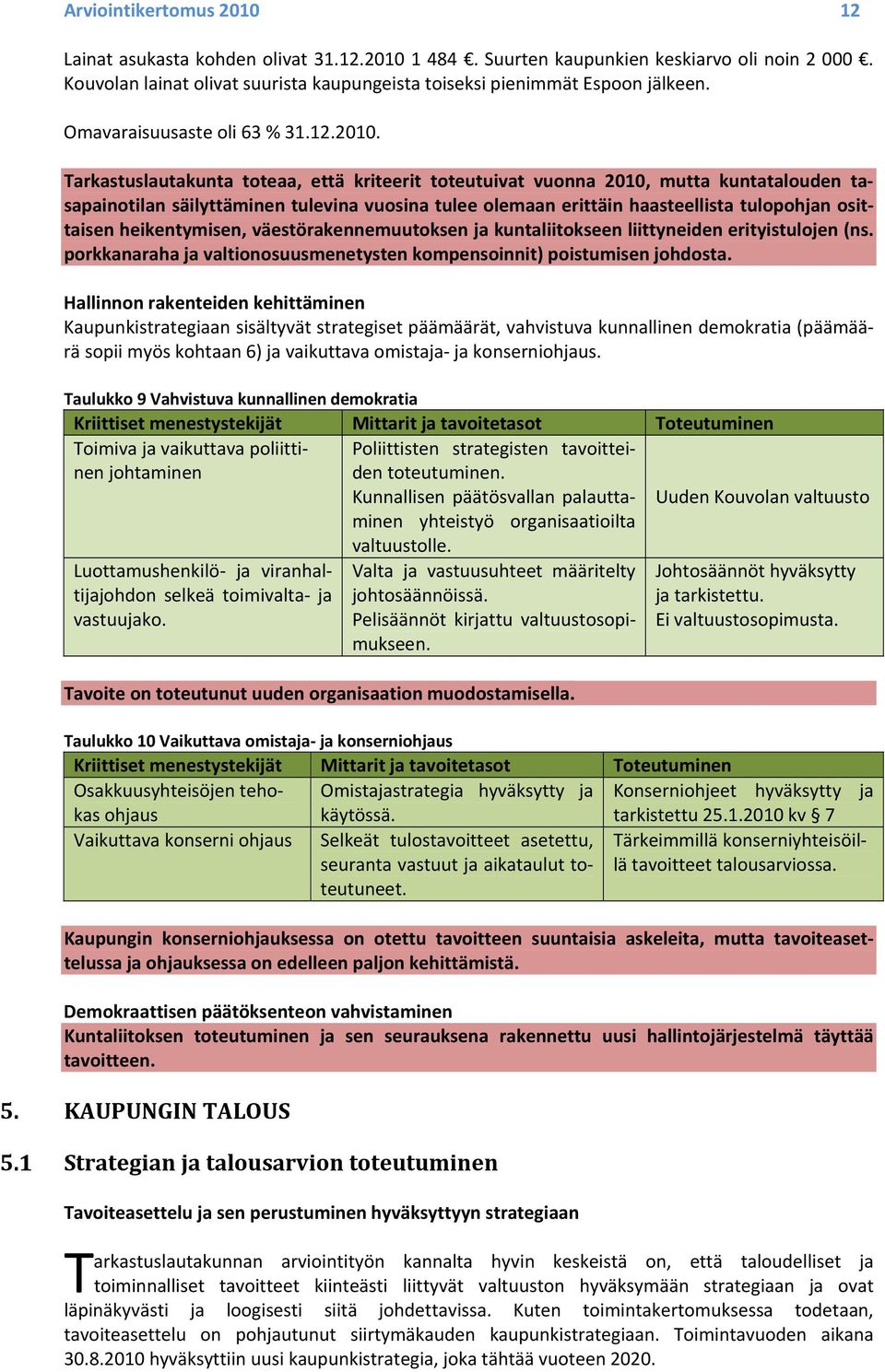 Tarkastuslautakunta toteaa, että kriteerit toteutuivat vuonna 2010, mutta kuntatalouden tasapainotilan säilyttäminen tulevina vuosina tulee olemaan erittäin haasteellista tulopohjan osittaisen