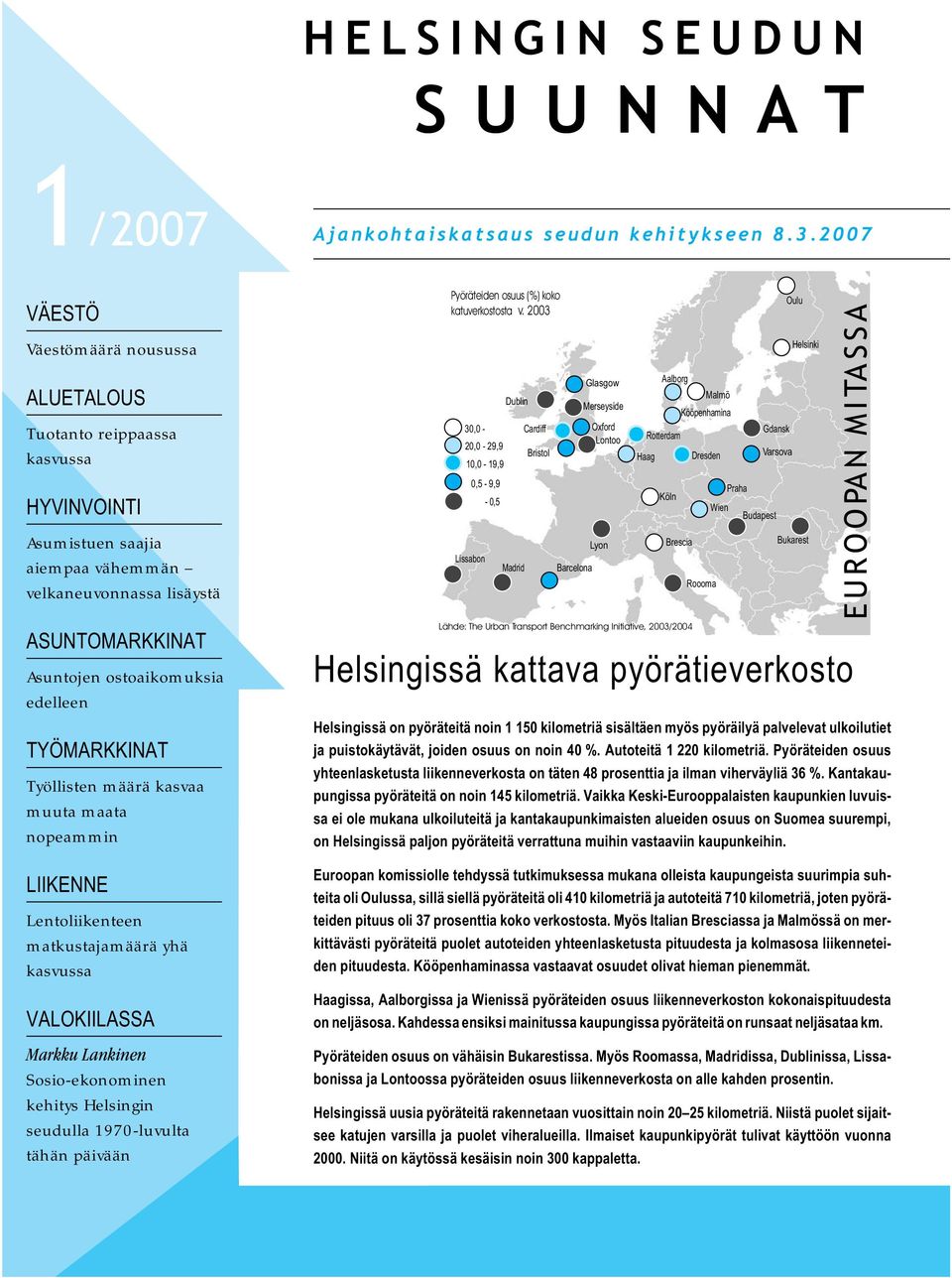 Helsingin seudulla 197-luvulta tähän päivään Ajankohtaiskatsaus seudun kehitykseen 8.3.27 Pyöräteiden osuus () koko katuverkostosta v.