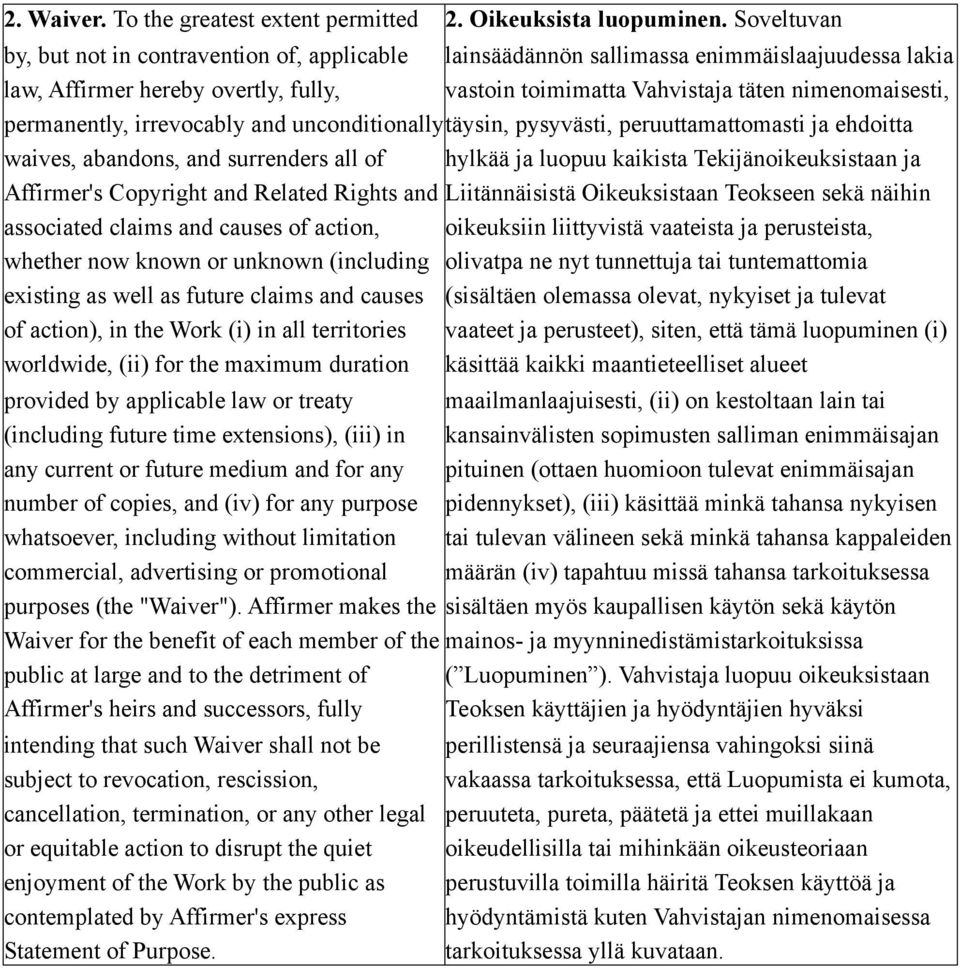 ehdoitta waives, abandons, and surrenders all of hylkää ja luopuu kaikista Tekijänoikeuksistaan ja Affirmer's Copyright and Related Rights and Liitännäisistä Oikeuksistaan Teokseen sekä näihin