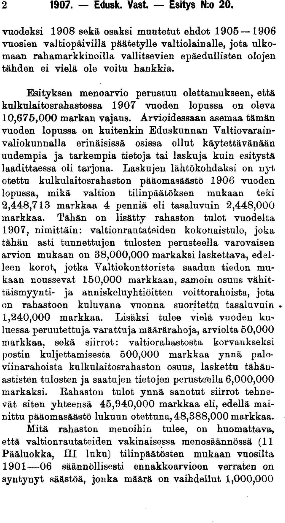 Esityksen menoarvio perustuu olettamukseen, että kulkulaitosrahastossa 1907 vuoden lopussa on oleva 10,675,000 markan vajaus.