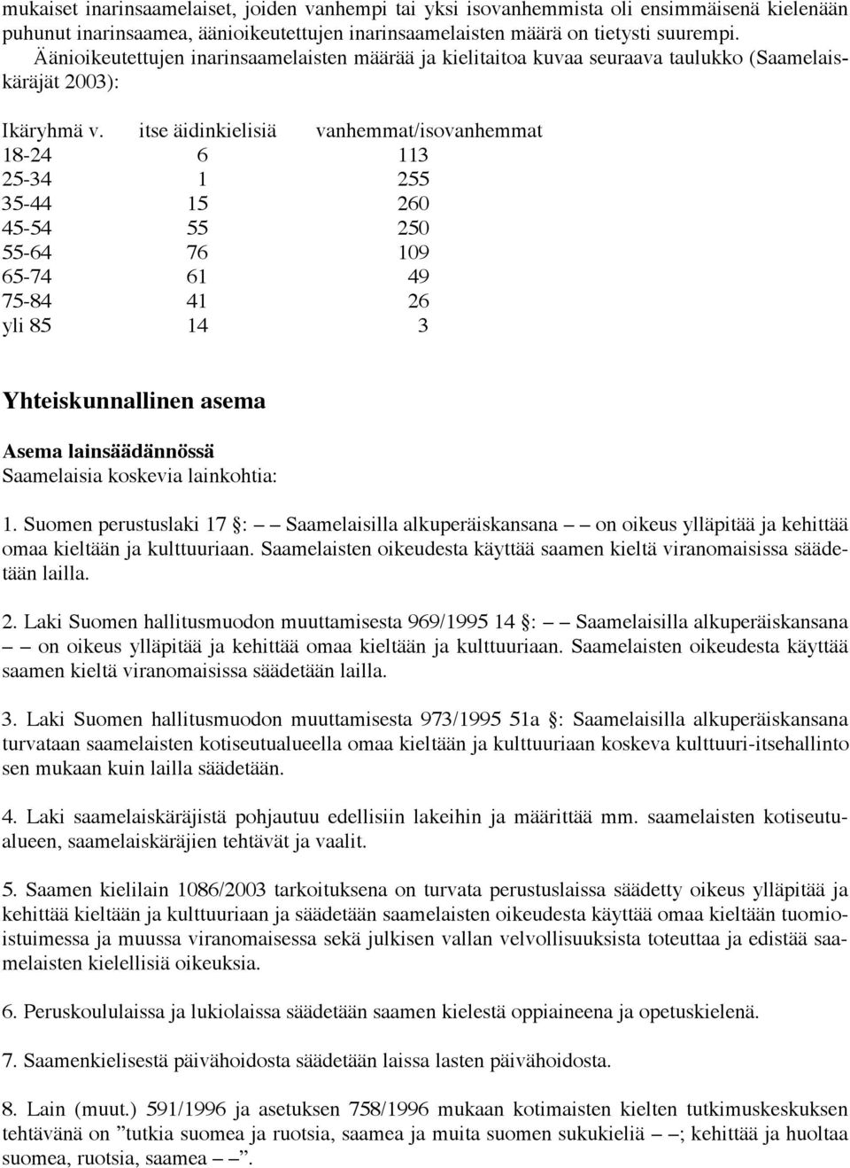 itse äidinkielisiä vanhemmat/isovanhemmat 18-24 6 113 25-34 1 255 35-44 15 260 45-54 55 250 55-64 76 109 65-74 61 49 75-84 41 26 yli 85 14 3 Yhteiskunnallinen asema Asema lainsäädännössä Saamelaisia