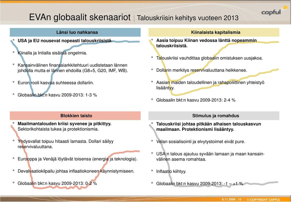 Globaalin bkt:n kasvu 2009-2013: 1-3 % Kiinalaista kapitalismia Aasia toipuu Kiinan vedossa länttä nopeammin talouskriisistä. Talouskriisi vauhdittaa globaalin omistuksen uusjakoa.