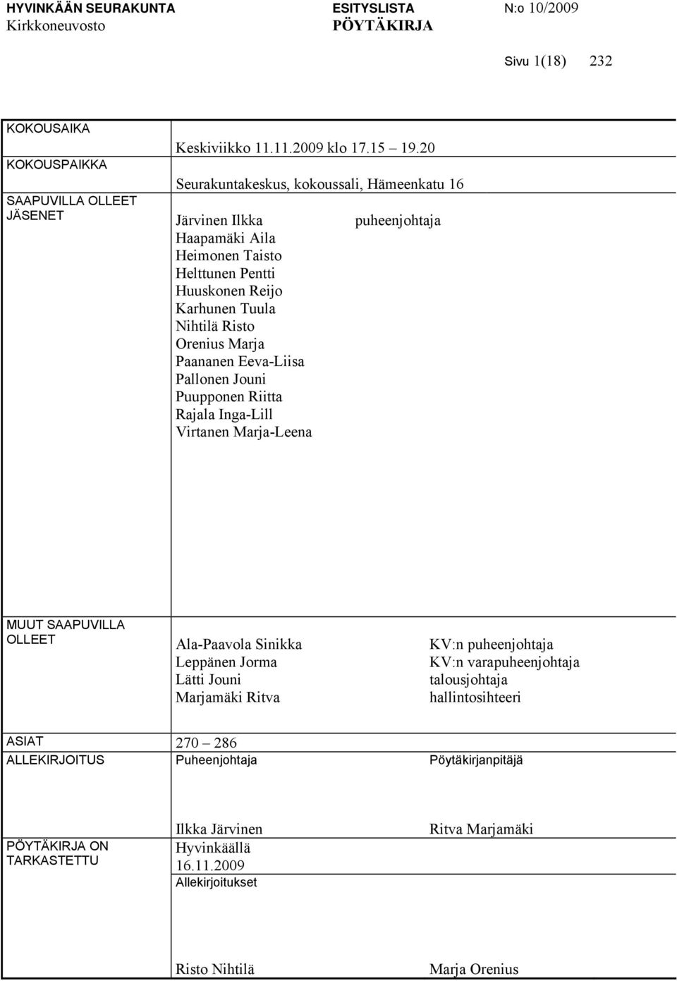 Pallonen Jouni Puupponen Riitta Rajala Inga-Lill Virtanen Marja-Leena puheenjohtaja MUUT SAAPUVILLA OLLEET Ala-Paavola Sinikka Leppänen Jorma Lätti Jouni Marjamäki Ritva KV:n puheenjohtaja