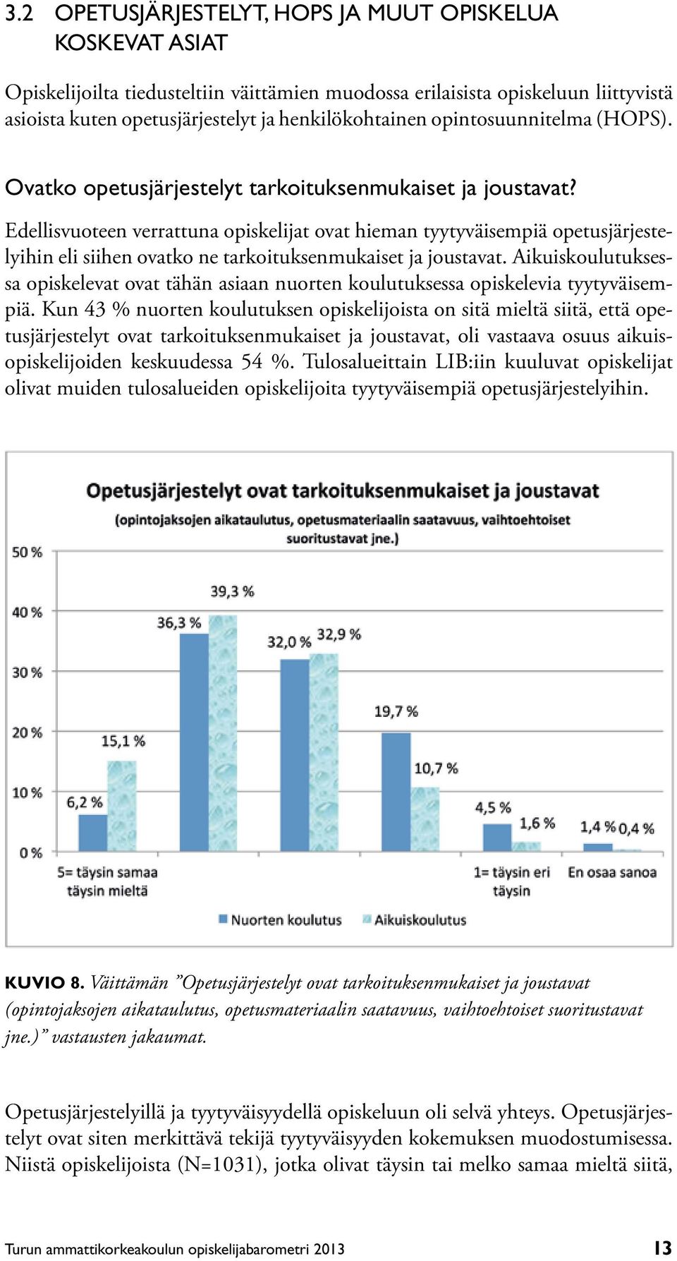 Edellisvuoteen verrattuna opiskelijat ovat hieman tyytyväisempiä opetusjärjestelyihin eli siihen ovatko ne tarkoituksenmukaiset ja joustavat.