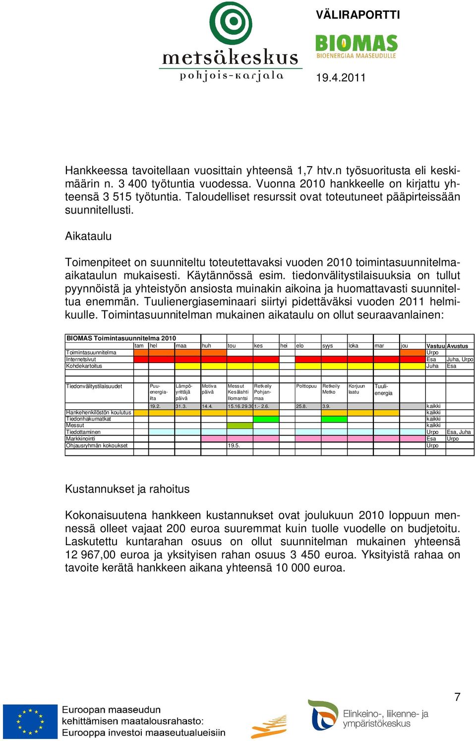 tiedonvälitystilaisuuksia on tullut pyynnöistä ja yhteistyön ansiosta muinakin aikoina ja huomattavasti suunniteltua enemmän. Tuulienergiaseminaari siirtyi pidettäväksi vuoden 2011 helmikuulle.