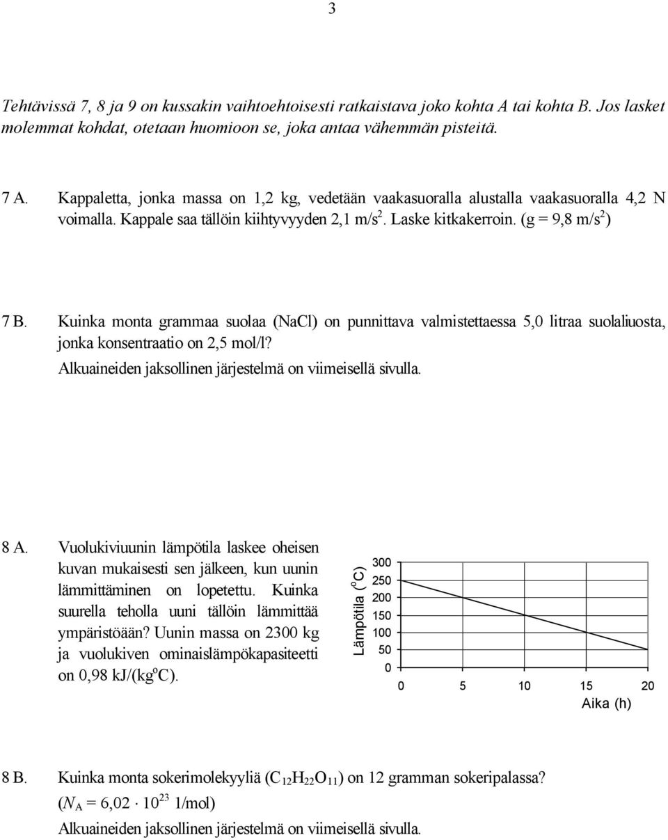 Kuinka monta grammaa suolaa (NaCl) on punnittava valmistettaessa 5,0 litraa suolaliuosta, jonka konsentraatio on 2,5 mol/l? Alkuaineiden jaksollinen järjestelmä on viimeisellä sivulla. 8 A.