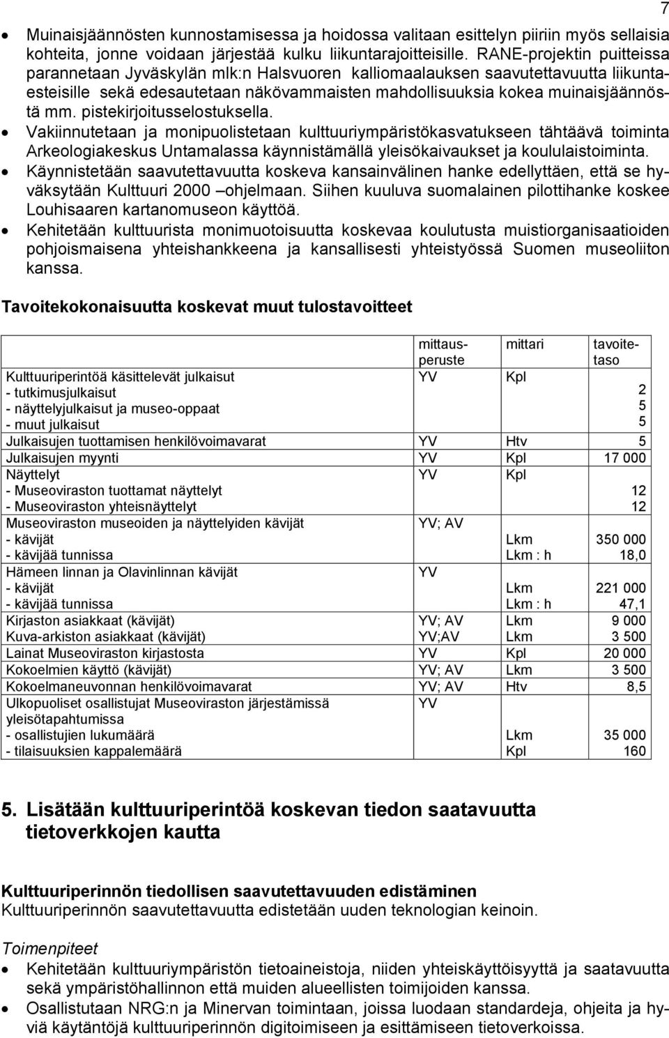 pistekirjoitusselostuksella. Vakiinnutetaan ja monipuolistetaan kulttuuriympäristökasvatukseen tähtäävä toiminta Arkeologiakeskus Untamalassa käynnistämällä yleisökaivaukset ja koululaistoiminta.
