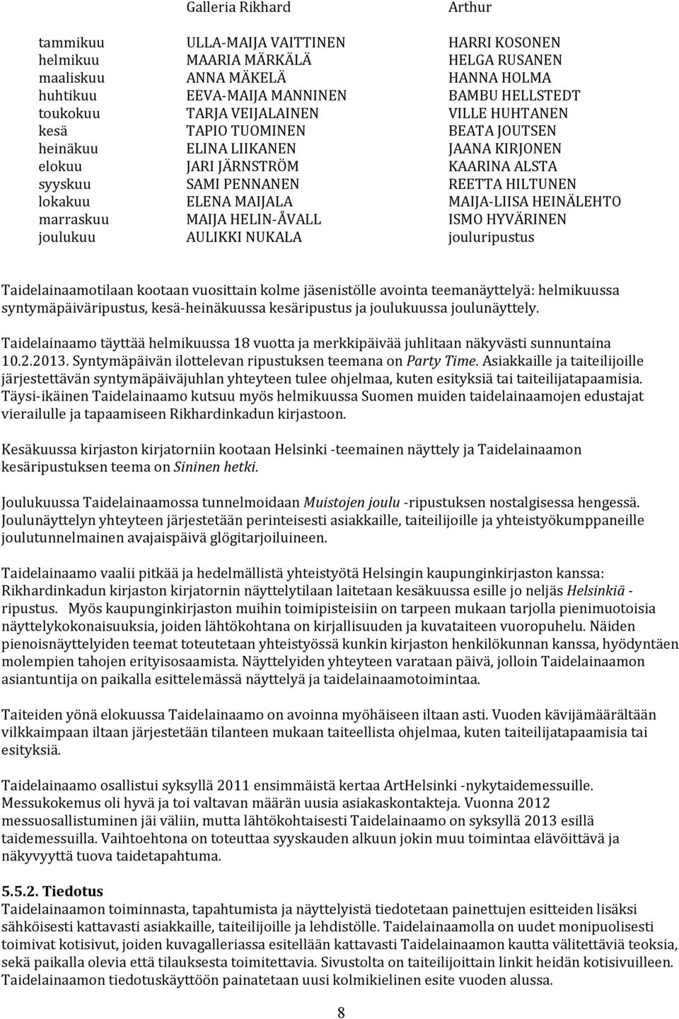 LIISAHEINÄLEHTO marraskuu MAIJAHELIN ÅVALL ISMOHYVÄRINEN joulukuu AULIKKINUKALA jouluripustus Taidelainaamotilaankootaanvuosittainkolmejäsenistölleavointateemanäyttelyä:helmikuussa