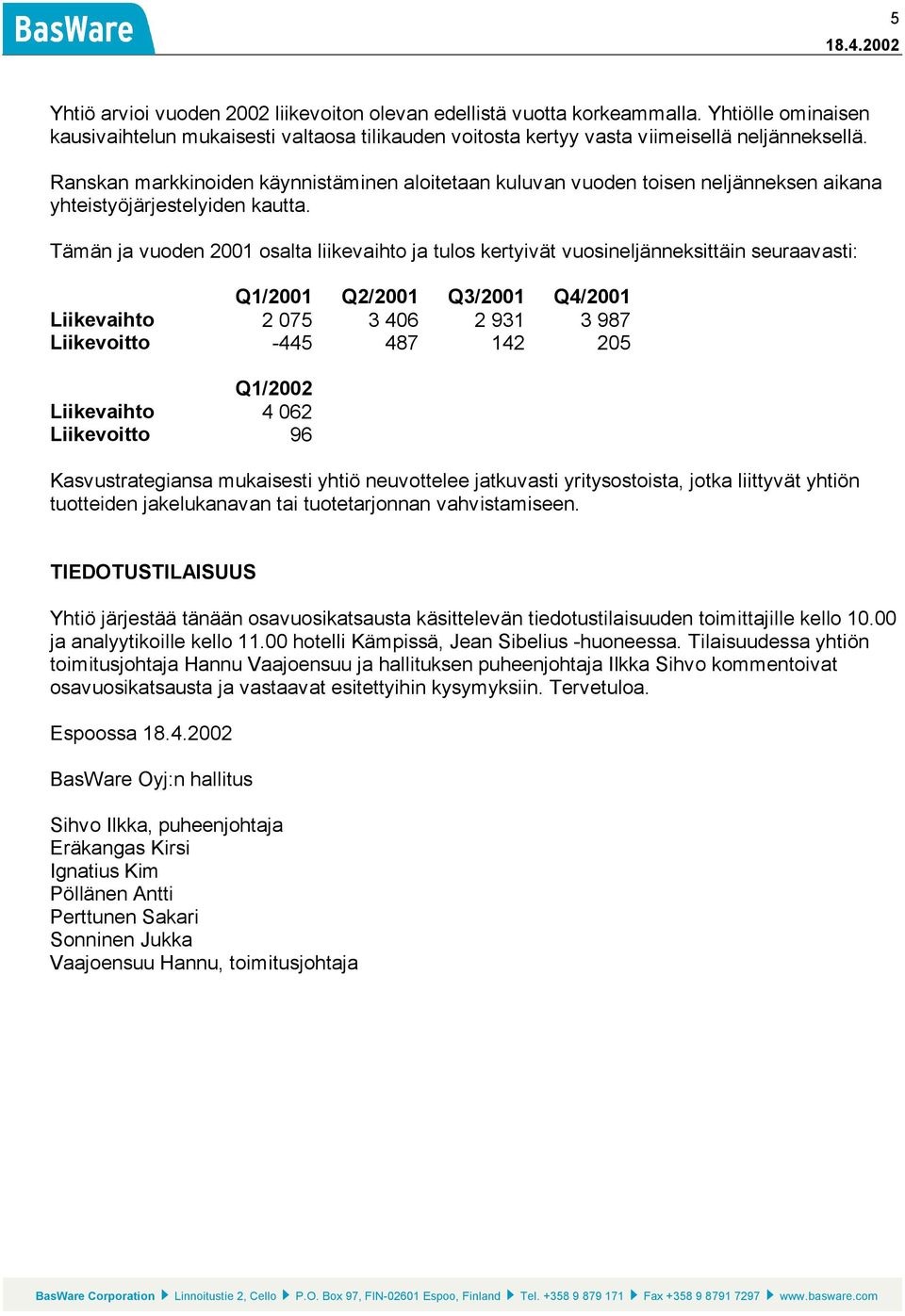 Tämän ja vuoden 2001 osalta liikevaihto ja tulos kertyivät vuosineljänneksittäin seuraavasti: Q1/2001 Q2/2001 Q3/2001 Q4/2001 Liikevaihto 2 075 3 406 2 931 3 987 Liikevoitto -445 487 142 205 Q1/2002