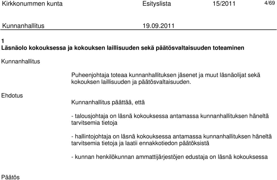 Kunnanhallitus päättää, että - talousjohtaja on läsnä kokouksessa antamassa kunnanhallituksen häneltä tarvitsemia tietoja - hallintojohtaja on