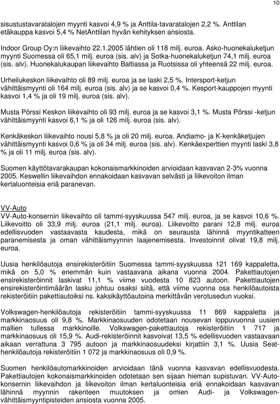 euroa. Urheilukeskon liikevaihto oli 89 milj. euroa ja se laski 2,5 %. Intersport-ketjun vähittäismyynti oli 164 milj. euroa (sis. alv) ja se kasvoi 0,4 %.