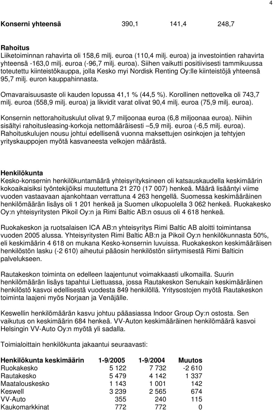 Siihen vaikutti positiivisesti tammikuussa toteutettu kiinteistökauppa, jolla Kesko myi Nordisk Renting Oy:lle kiinteistöjä yhteensä 95,7 milj. euron kauppahinnasta.
