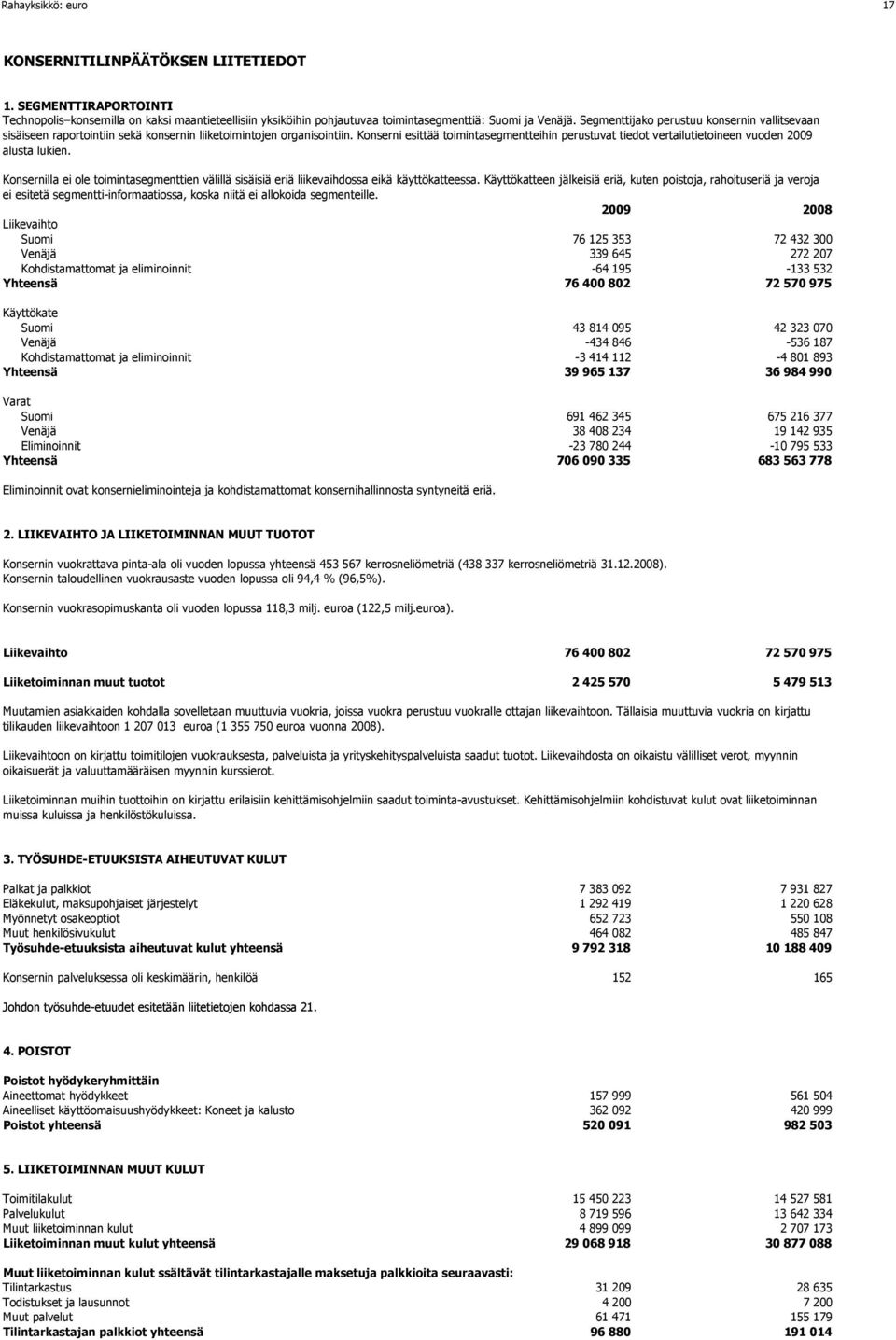 Konserni esittää toimintasegmentteihin perustuvat tiedot vertailutietoineen vuoden 2009 alusta lukien. Konsernilla ei ole toimintasegmenttien välillä sisäisiä eriä liikevaihdossa eikä käyttökatteessa.