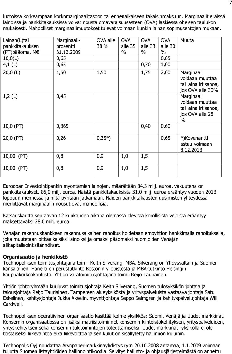 Mahdolliset marginaalimuutokset tulevat voimaan kunkin lainan sopimusehtojen mukaan. Lainan(L)tai pankkitakauksen (PT)pääoma, M Marginaaliprosentti 31.12.