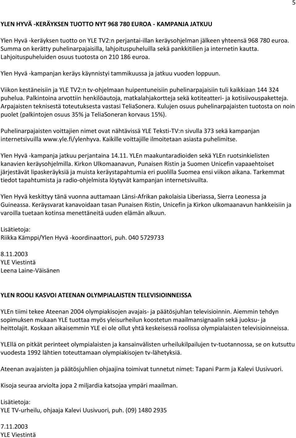 Ylen Hyvä -kampanjan keräys käynnistyi tammikuussa ja jatkuu vuoden loppuun. Viikon kestäneisiin ja YLE TV2:n tv-ohjelmaan huipentuneisiin puhelinarpajaisiin tuli kaikkiaan 144 324 puhelua.
