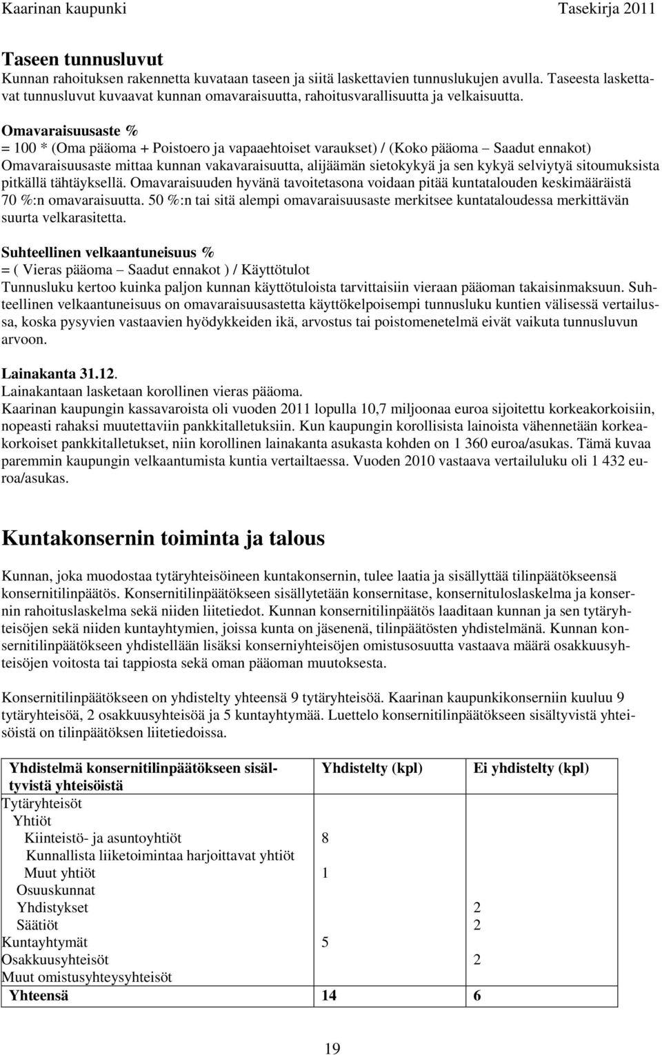 Omavaraisuusaste % = 100 * (Oma pääoma + Poistoero ja vapaaehtoiset varaukset) / (Koko pääoma Saadut ennakot) Omavaraisuusaste mittaa kunnan vakavaraisuutta, alijäämän sietokykyä ja sen kykyä