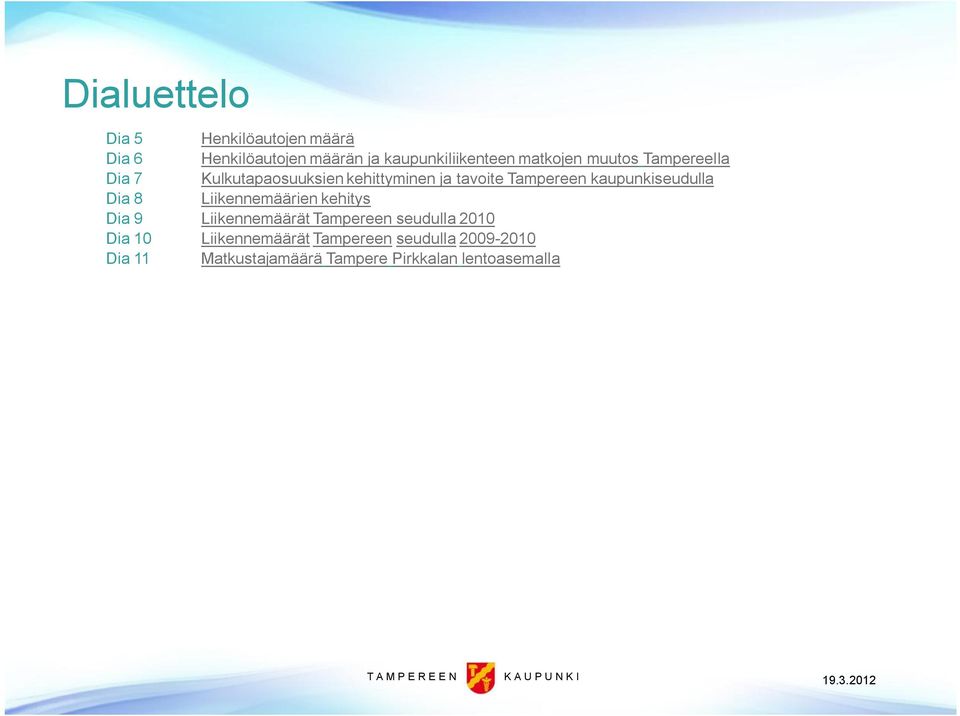 kaupunkiseudulla Dia 8 Liikennemäärien kehitys Dia 9 Liikennemäärät Tampereen seudulla 2010