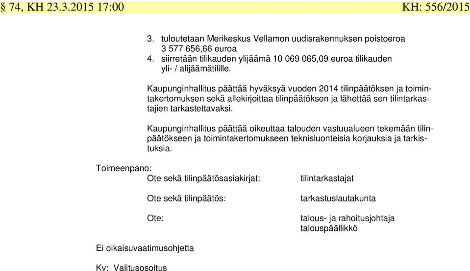 Kaupunginhallitus päättää hyväksyä vuoden 2014 tilinpäätöksen ja toimintakertomuksen sekä allekirjoittaa tilinpäätöksen ja lähettää sen tilintarkastajien tarkastettavaksi.