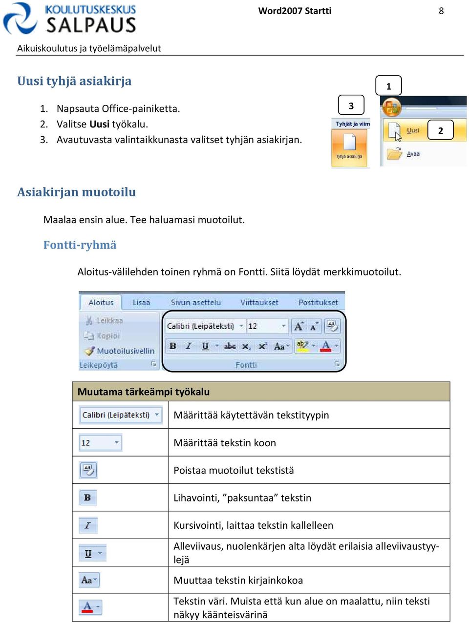 Muutama tärkeämpi työkalu Määrittää käytettävän tekstityypin Määrittää tekstin koon Poistaa muotoilut tekstistä Lihavointi, paksuntaa tekstin Kursivointi, laittaa