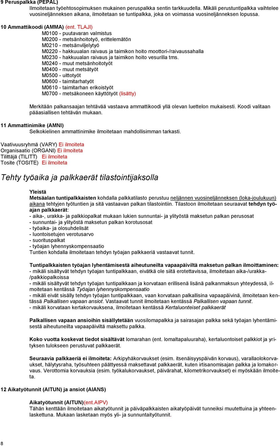 TLAJI) M0100 - puutavaran valmistus M0200 - metsänhoitotyö, erittelemätön M0210 - metsänviljelytyö M0220 - hakkuualan raivaus ja taimikon hoito moottori-/raivaussahalla M0230 - hakkuualan raivaus ja