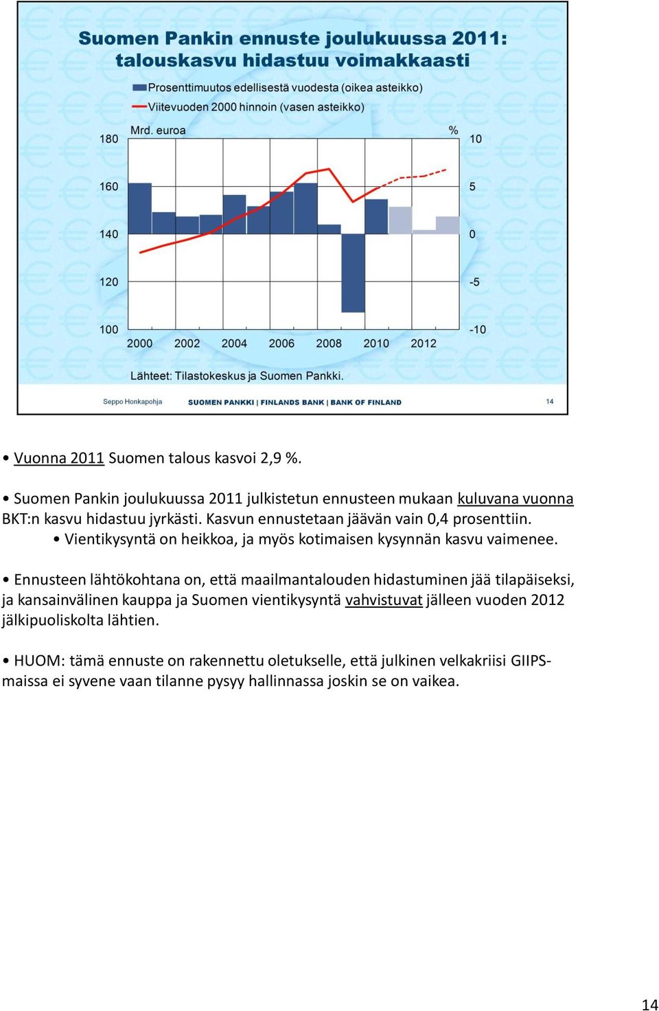 Ennusteen lähtökohtana on, että maailmantalouden hidastuminen jää tilapäiseksi, ja kansainvälinen kauppa ja Suomen vientikysyntä vahvistuvat jälleen