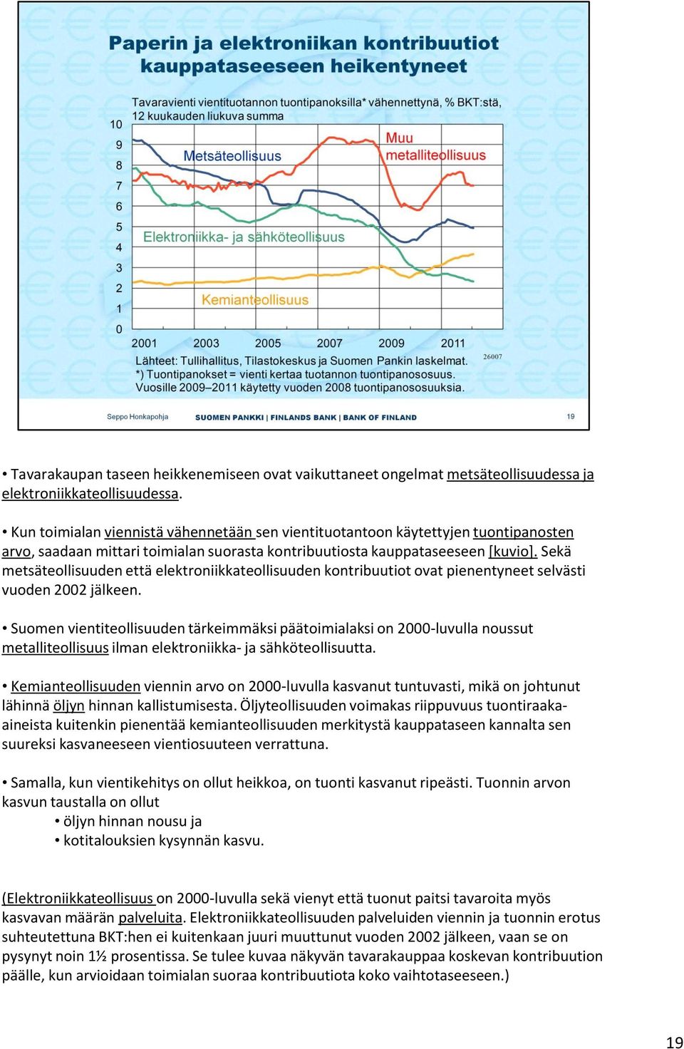 Sekä metsäteollisuuden että elektroniikkateollisuuden kontribuutiot ovat pienentyneet selvästi vuoden 2002 jälkeen.