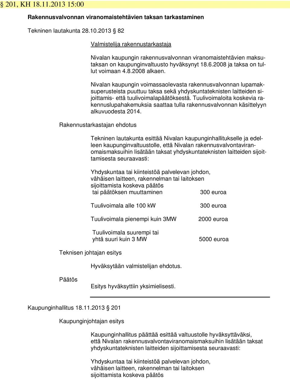 Nivalan kaupungin voimassaolevasta rakennusvalvonnan lupamaksuperusteista puuttuu taksa sekä yhdyskuntateknisten laitteiden sijoittamis- että tuulivoimalapäätöksestä.