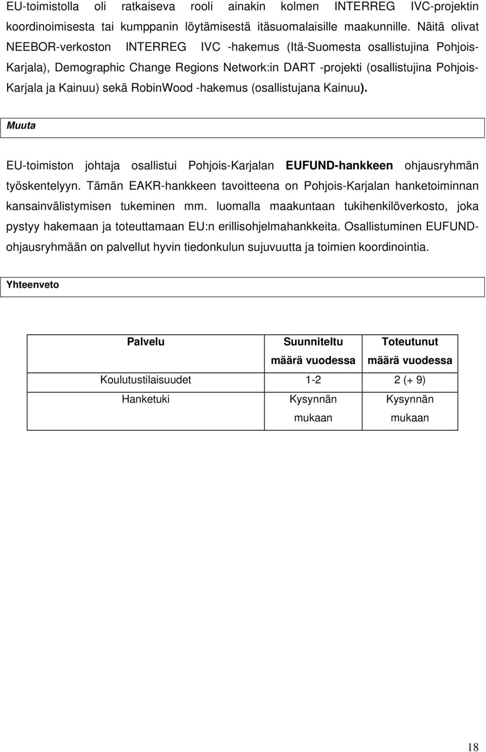 RobinWood -hakemus (osallistujana Kainuu). Muuta EU-toimiston johtaja osallistui Pohjois-Karjalan EUFUND-hankkeen ohjausryhmän työskentelyyn.