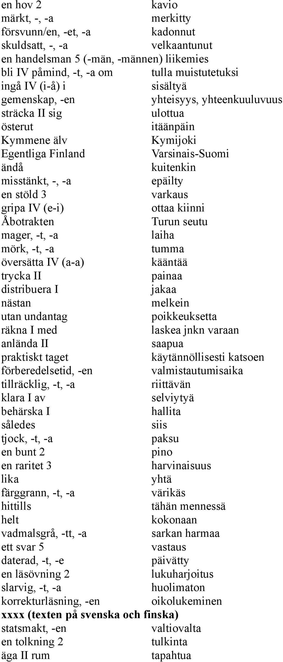 varkaus gripa IV (e-i) ottaa kiinni Åbotrakten Turun seutu mager, -t, -a laiha mörk, -t, -a tumma översätta IV (a-a) kääntää trycka II painaa distribuera I jakaa nästan melkein utan undantag