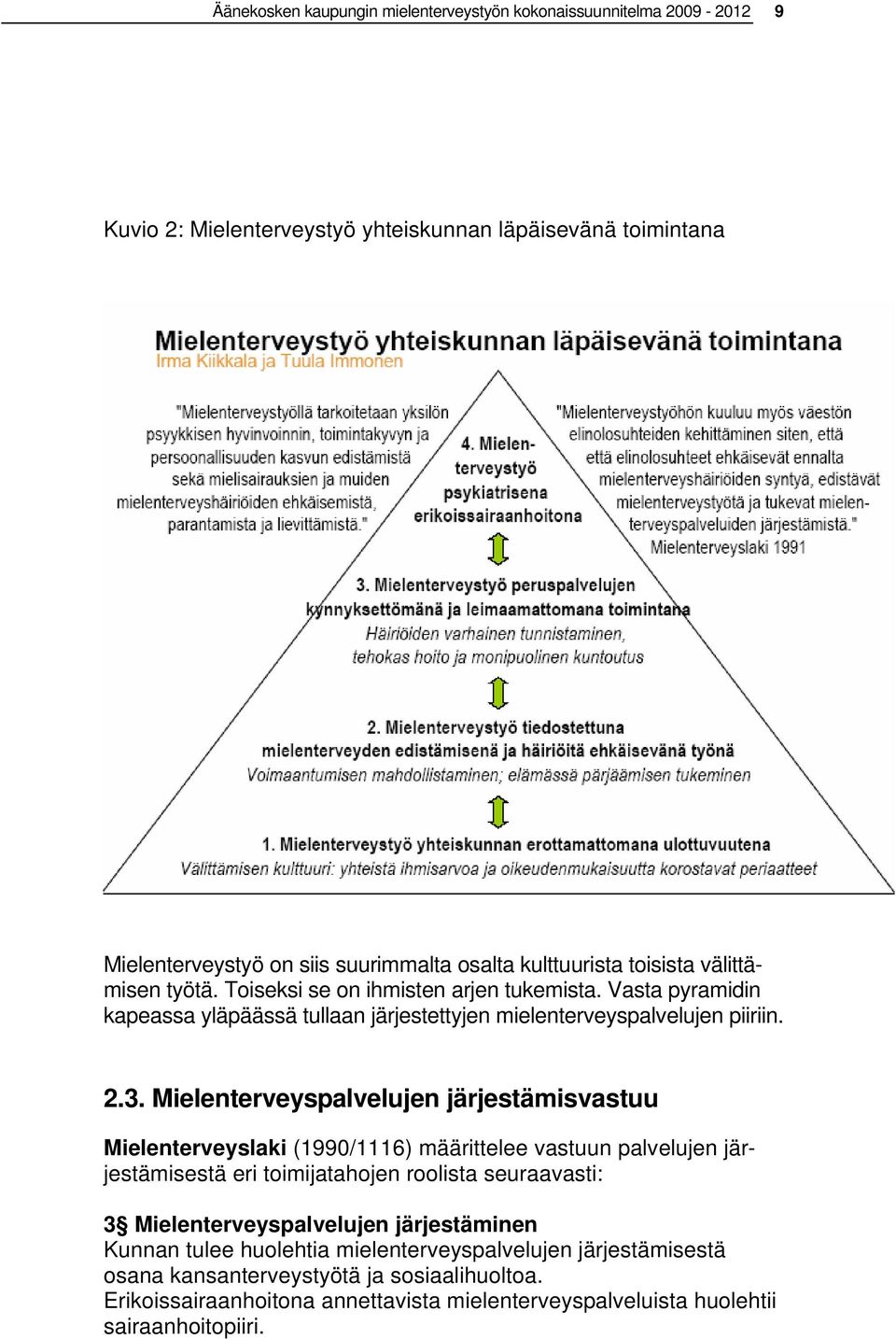 Mielenterveyspalvelujen järjestämisvastuu Mielenterveyslaki (1990/1116) määrittelee vastuun palvelujen järjestämisestä eri toimijatahojen roolista seuraavasti: 3 Mielenterveyspalvelujen