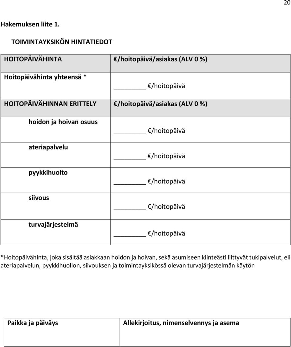 /hoitopäivä/asiakas (ALV 0 %) hoidon ja hoivan osuus ateriapalvelu pyykkihuolto siivous turvajärjestelmä /hoitopäivä /hoitopäivä /hoitopäivä