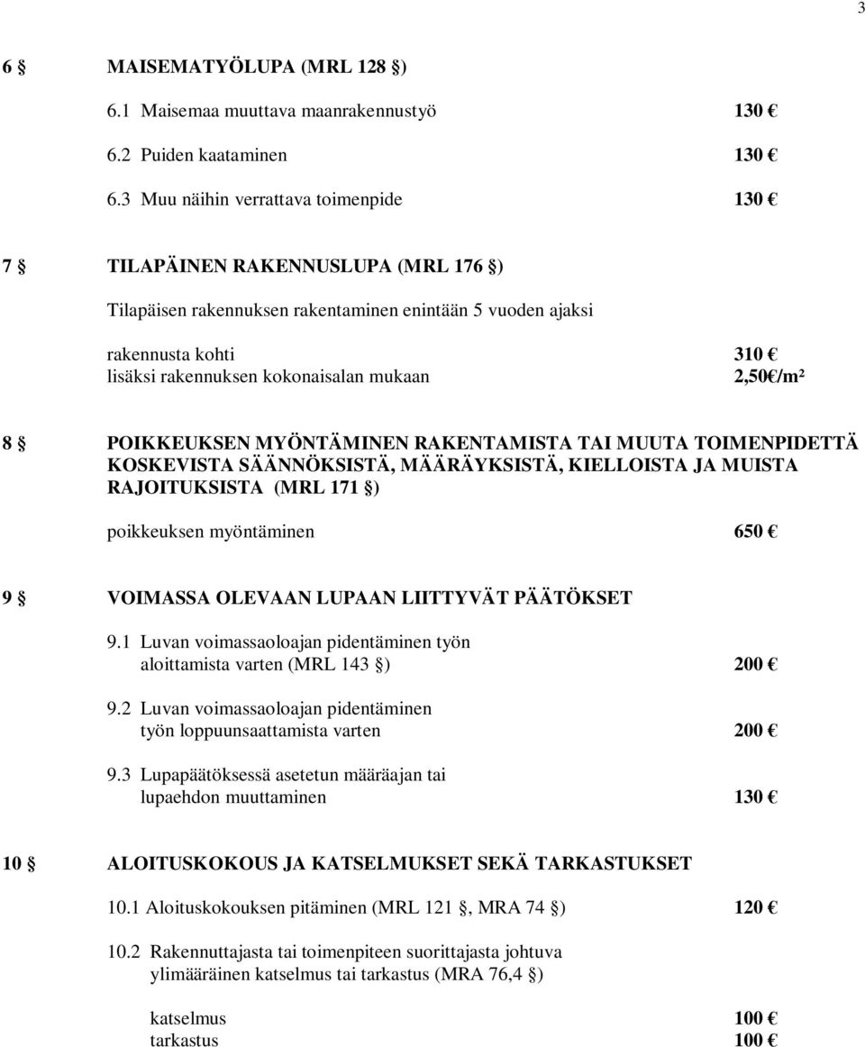 RAKENTAMISTA TAI MUUTA TOIMENPIDETTÄ KOSKEVISTA SÄÄNNÖKSISTÄ, MÄÄRÄYKSISTÄ, KIELLOISTA JA MUISTA RAJOITUKSISTA (MRL 171 ) poikkeuksen myöntäminen 650 9 VOIMASSA OLEVAAN LUPAAN LIITTYVÄT PÄÄTÖKSET 9.