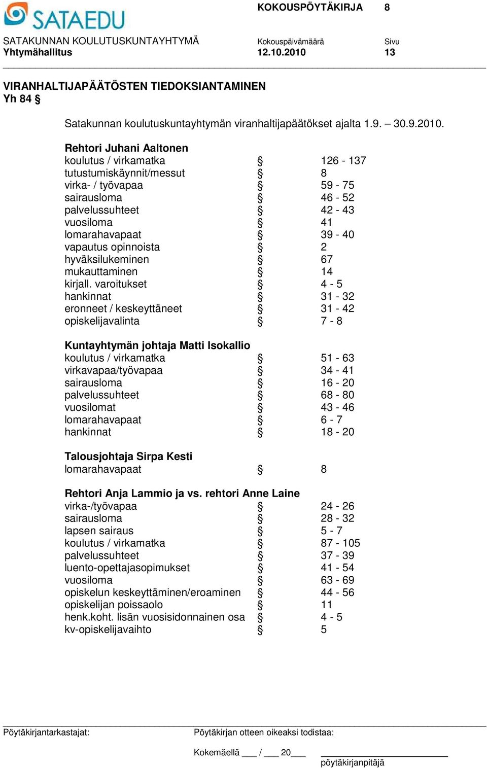 Rehtori Juhani Aaltonen koulutus / virkamatka 126-137 tutustumiskäynnit/messut 8 virka- / työvapaa 59-75 sairausloma 46-52 palvelussuhteet 42-43 vuosiloma 41 lomarahavapaat 39-40 vapautus opinnoista