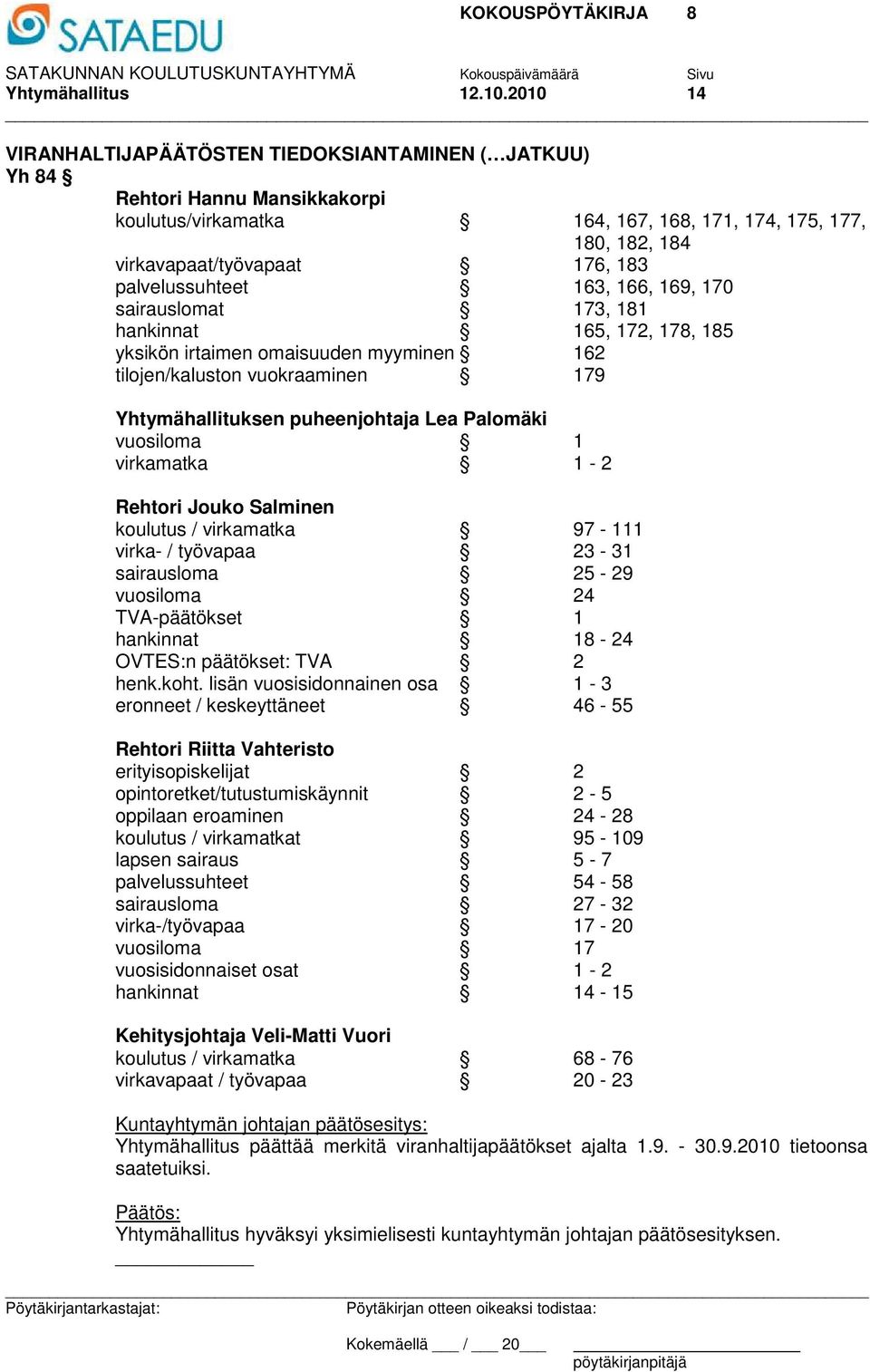 palvelussuhteet 163, 166, 169, 170 sairauslomat 173, 181 hankinnat 165, 172, 178, 185 yksikön irtaimen omaisuuden myyminen 162 tilojen/kaluston vuokraaminen 179 Yhtymähallituksen puheenjohtaja Lea