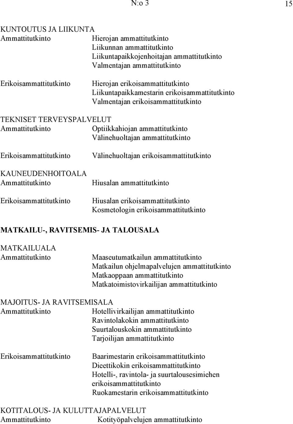 Välinehuoltajan erikoisammattitutkinto Hiusalan ammattitutkinto Hiusalan erikoisammattitutkinto Kosmetologin erikoisammattitutkinto MATKAILU-, RAVITSEMIS- JA TALOUSALA MATKAILUALA Maaseutumatkailun