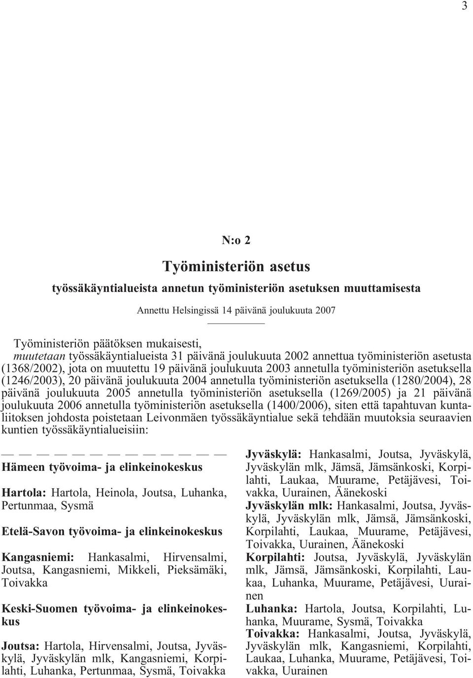 joulukuuta 2004 annetulla työministeriön asetuksella (1280/2004), 28 päivänä joulukuuta 2005 annetulla työministeriön asetuksella (1269/2005) ja 21 päivänä joulukuuta 2006 annetulla työministeriön