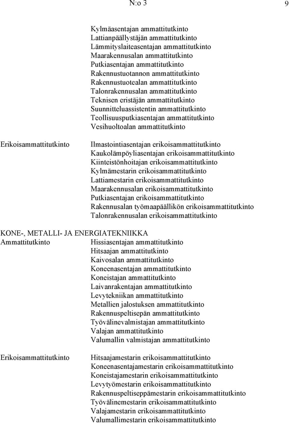 Vesihuoltoalan ammattitutkinto Ilmastointiasentajan erikoisammattitutkinto Kaukolämpöyliasentajan erikoisammattitutkinto Kiinteistönhoitajan erikoisammattitutkinto Kylmämestarin