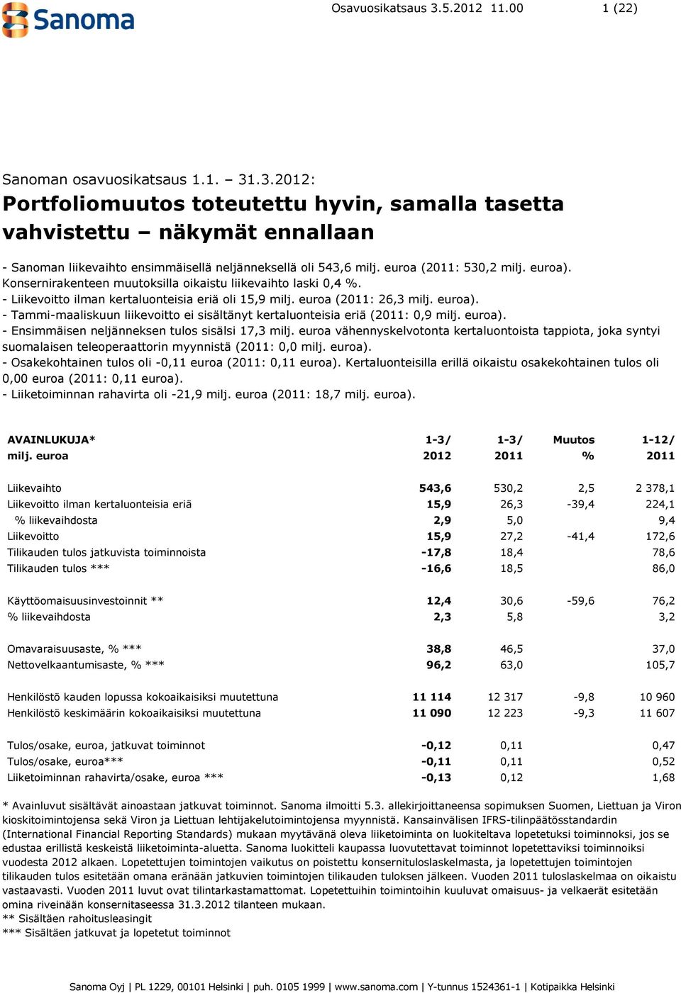 euroa). - Ensimmäisen neljänneksen tulos sisälsi 17,3 milj. euroa vähennyskelvotonta kertaluontoista tappiota, joka syntyi suomalaisen teleoperaattorin myynnistä (2011: 0,0 milj. euroa).