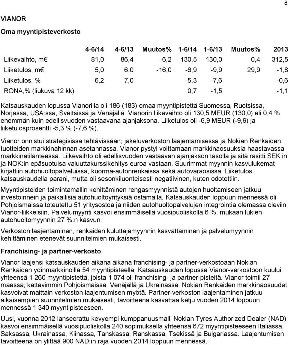 Vianor onnistui strategisissa tehtävissään; jakeluverkoston laajentamisessa ja Nokian Renkaiden tuotteiden markkinahinnan asetannassa.