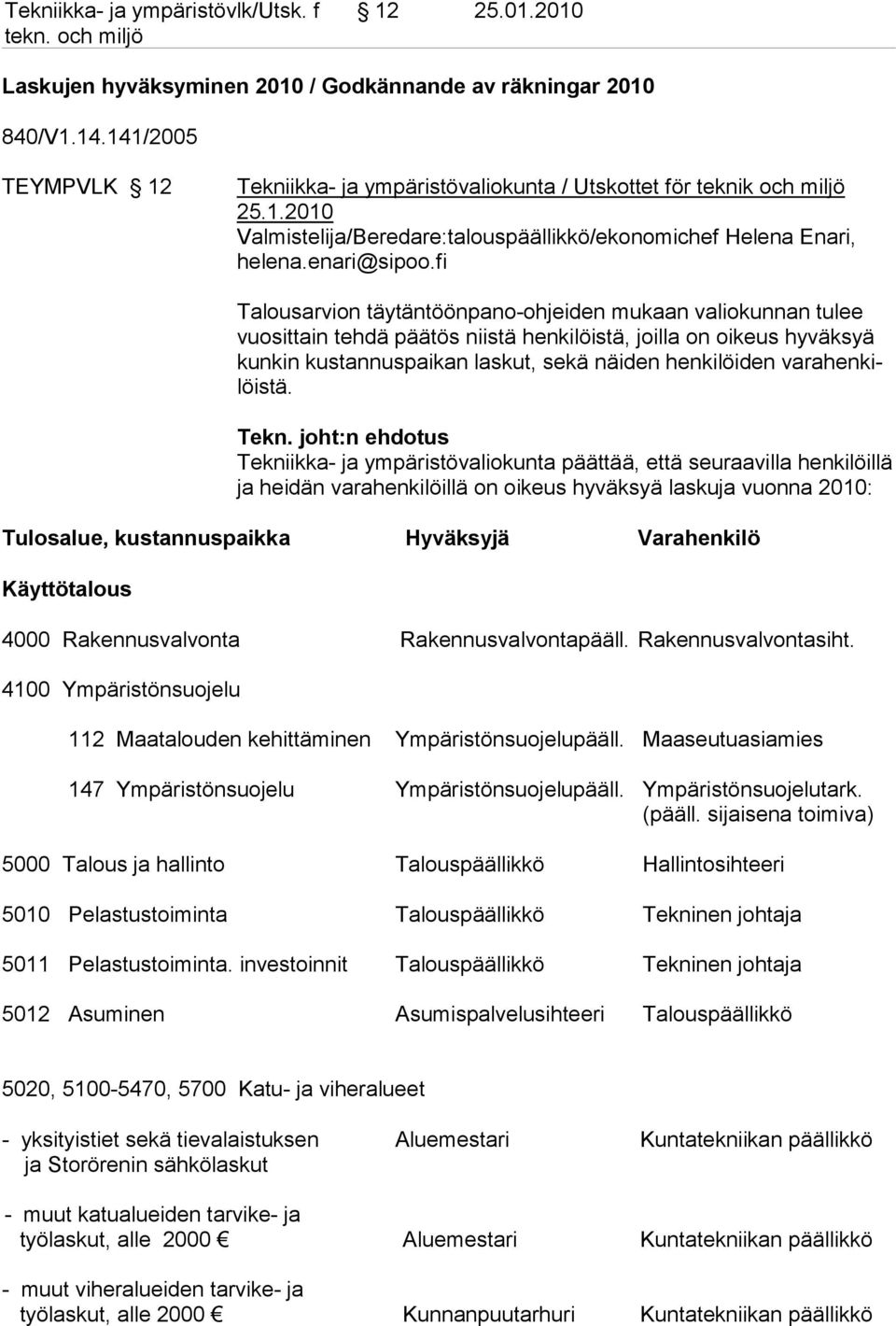 fi Talousarvion täytäntöönpano-ohjeiden mukaan valiokunnan tulee vuosittain tehdä päätös niistä henkilöistä, joilla on oikeus hyväksyä kunkin kustannuspaikan laskut, sekä näiden henkilöiden