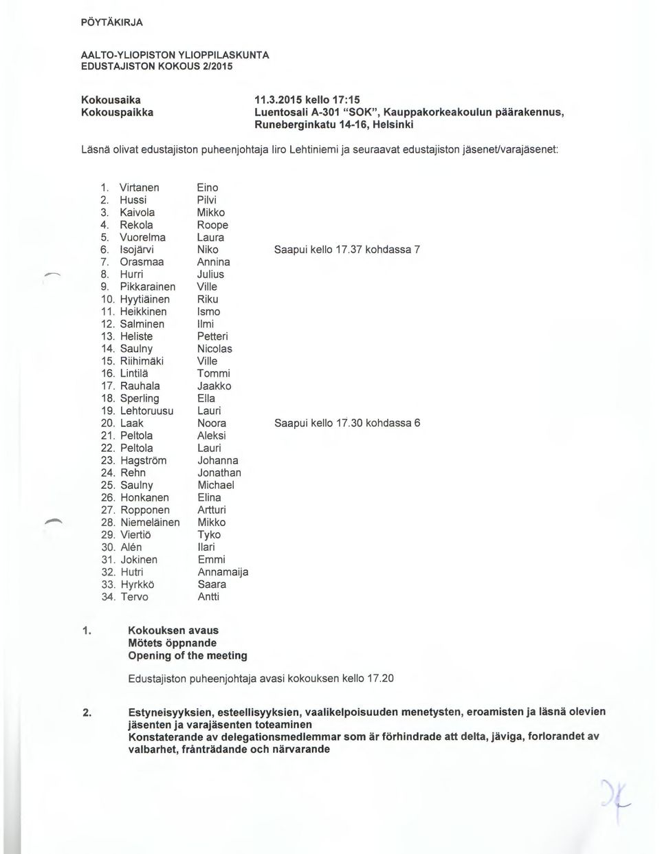 jasenet/varajasenet:,...-..._ 1. Virtanen Eino 2. Hussi Pilvi 3. Kaivola Mikko 4. Rekola Roope 5. Vuorelma Laura 6. lsojarvi Niko 7. Orasmaa Ann ina 8. Hurri Julius 9. Pikkarainen Ville 10.