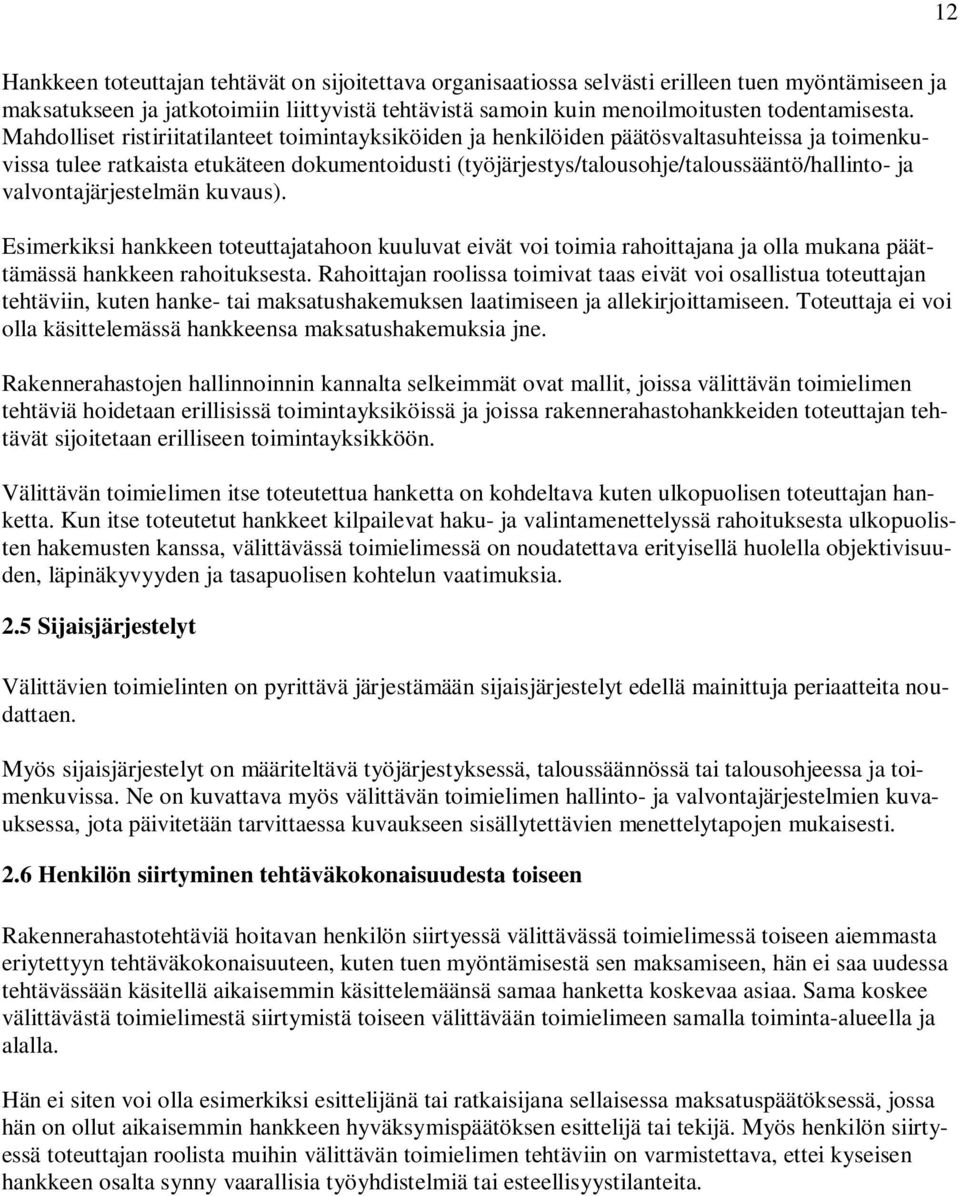 valvontajärjestelmän kuvaus). Esimerkiksi hankkeen toteuttajatahoon kuuluvat eivät voi toimia rahoittajana ja olla mukana päättämässä hankkeen rahoituksesta.