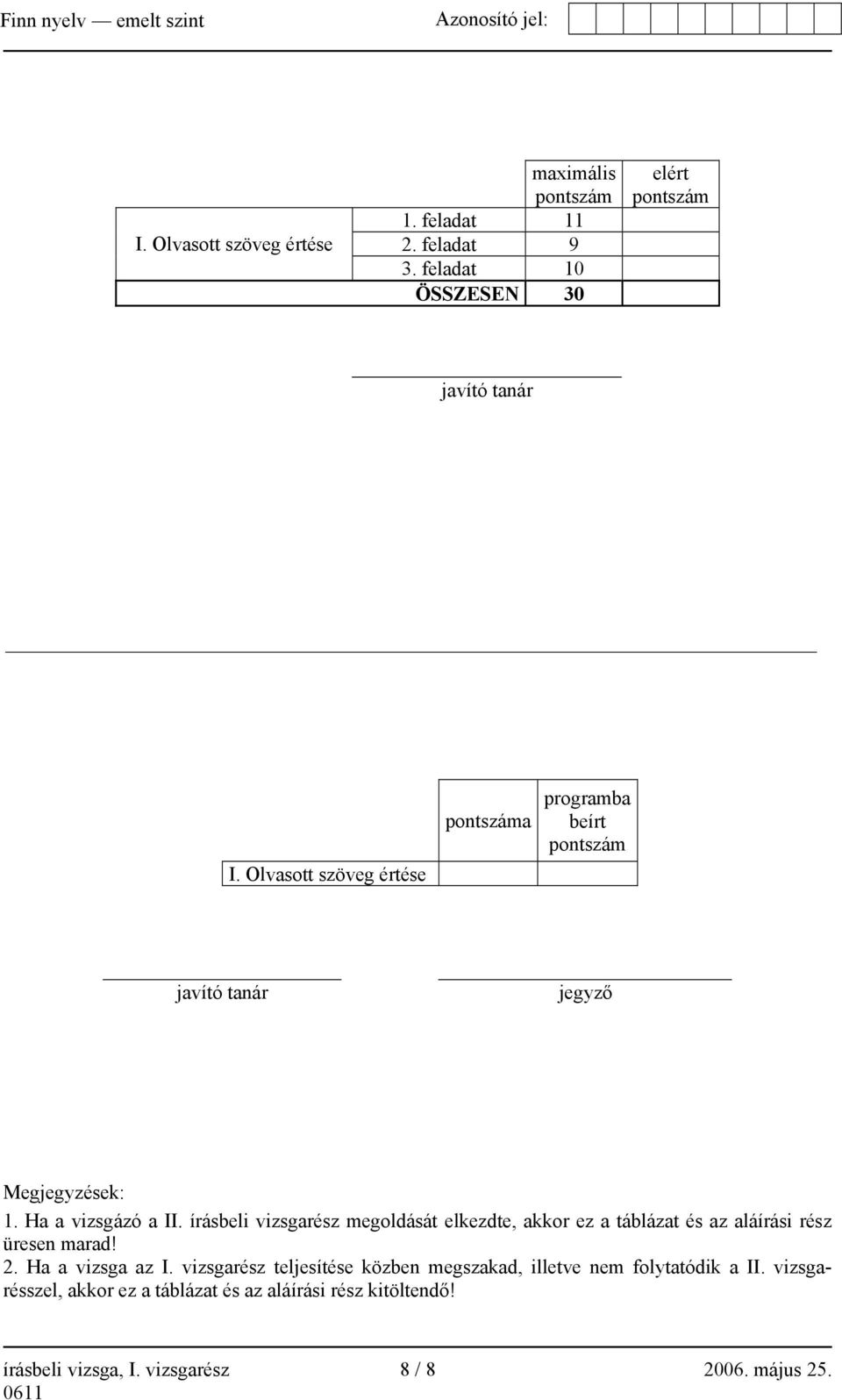 írásbeli vizsgarész megoldását elkezdte, akkor ez a táblázat és az aláírási rész üresen marad! 2. Ha a vizsga az I.