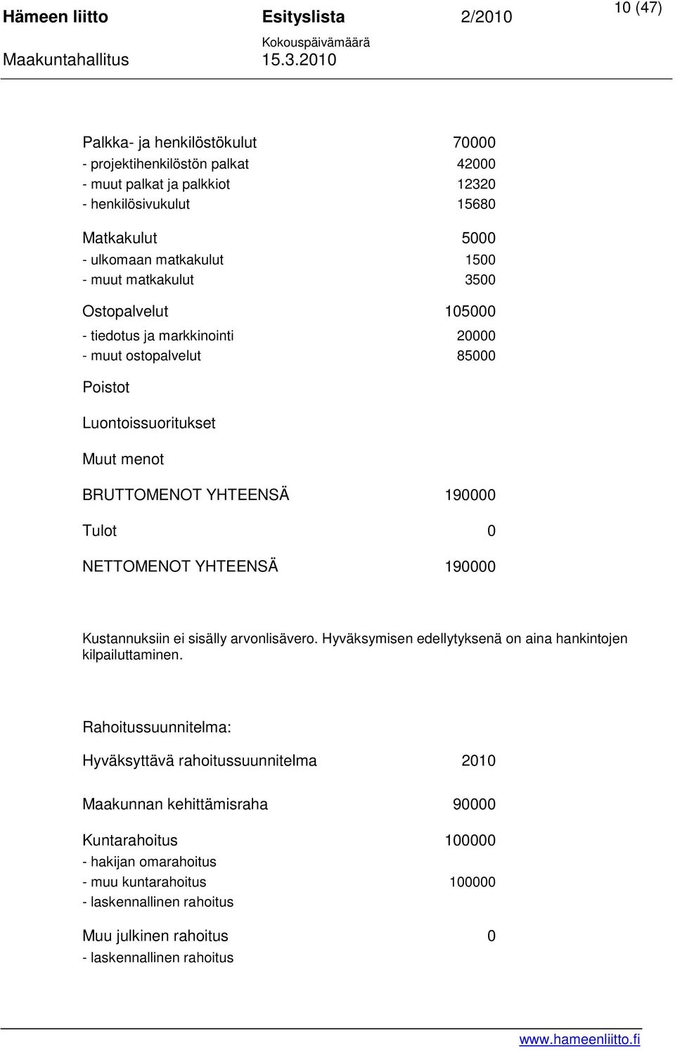 NETTOMENOT YHTEENSÄ 190000 Kustannuksiin ei sisälly arvonlisävero. Hyväksymisen edellytyksenä on aina hankintojen kilpailuttaminen.