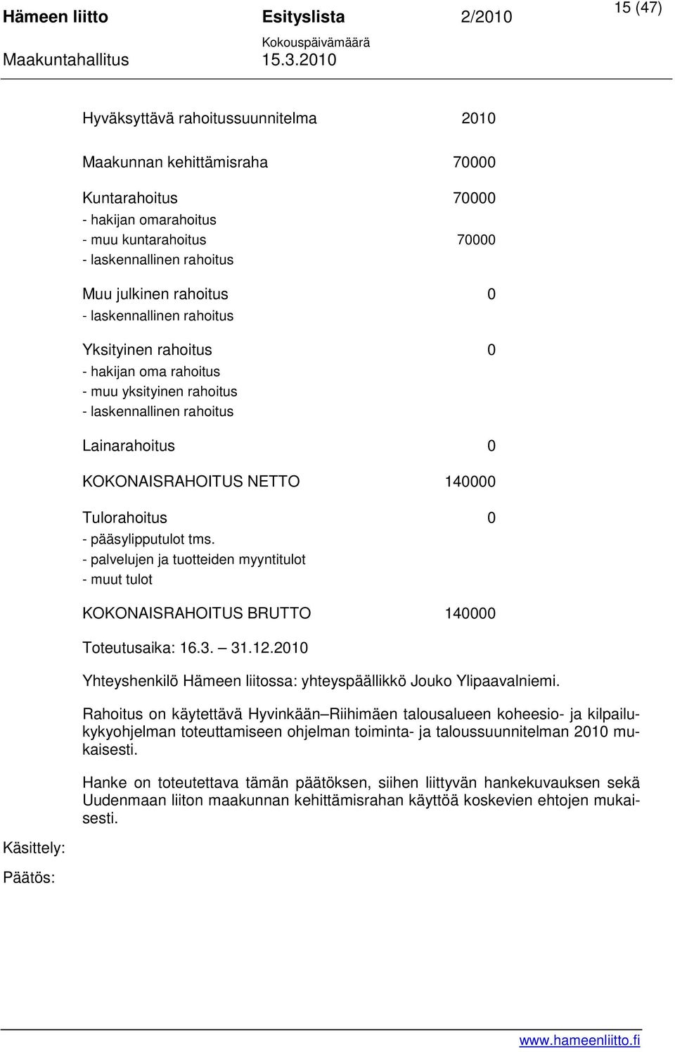 tms. - palvelujen ja tuotteiden myyntitulot - muut tulot KOKONAISRAHOITUS BRUTTO 140000 Toteutusaika: 16.3. 31.12.2010 Yhteyshenkilö Hämeen liitossa: yhteyspäällikkö Jouko Ylipaavalniemi.