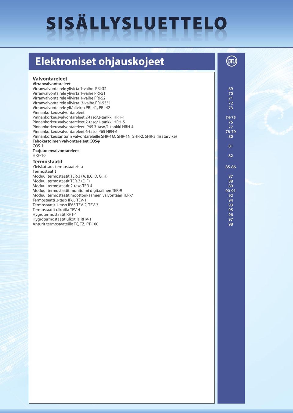 IP65 3-aso/-ankki HRH-4 Pinnankorkeusvalvonarelee 6-aso IP65 HRH-6 Pinnankorkeusanurin valvonareleille HR-M, HR-N, HR-, HR-3 (lisäarvike) Teokeroimen valvonarelee COφ CO- Taajuudenvalvonarelee HRF-