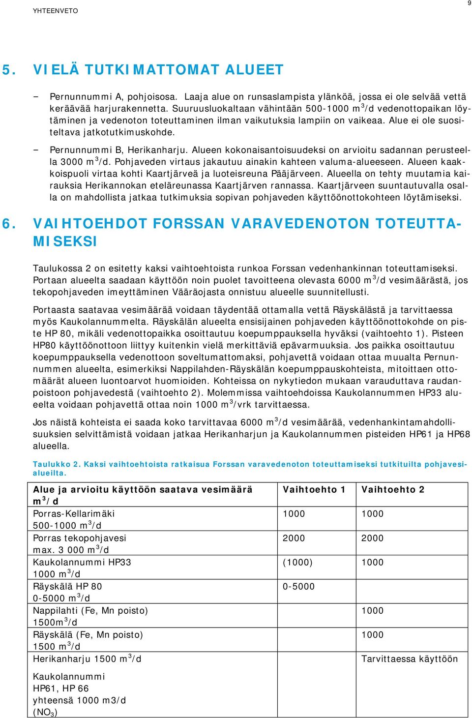 Pernunnummi B, Herikanharju. Alueen kokonaisantoisuudeksi on arvioitu sadannan perusteella 3000 m 3 /d. Pohjaveden virtaus jakautuu ainakin kahteen valuma-alueeseen.