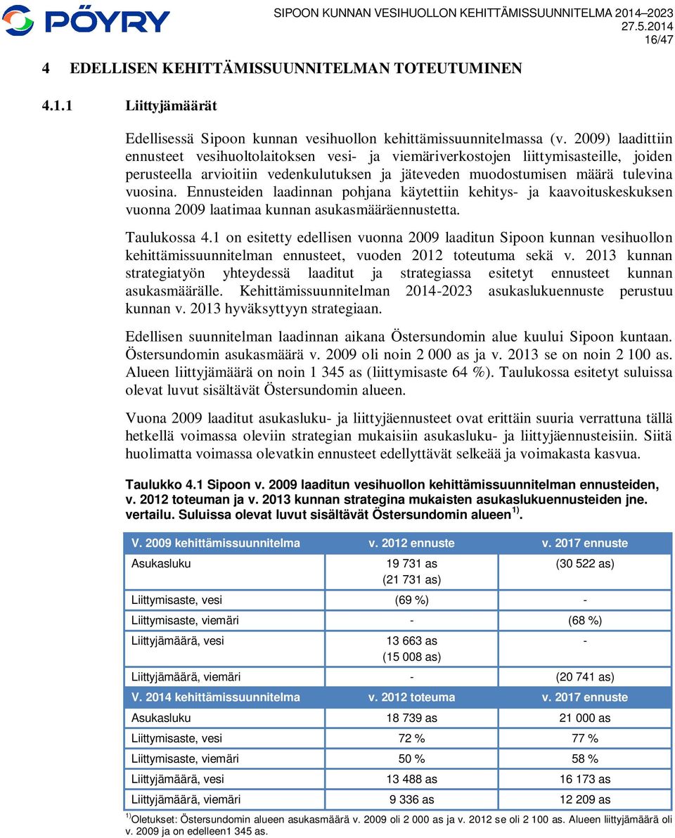 Ennusteiden laadinnan pohjana käytettiin kehitys- ja kaavoituskeskuksen vuonna 2009 laatimaa kunnan asukasmääräennustetta. Taulukossa 4.