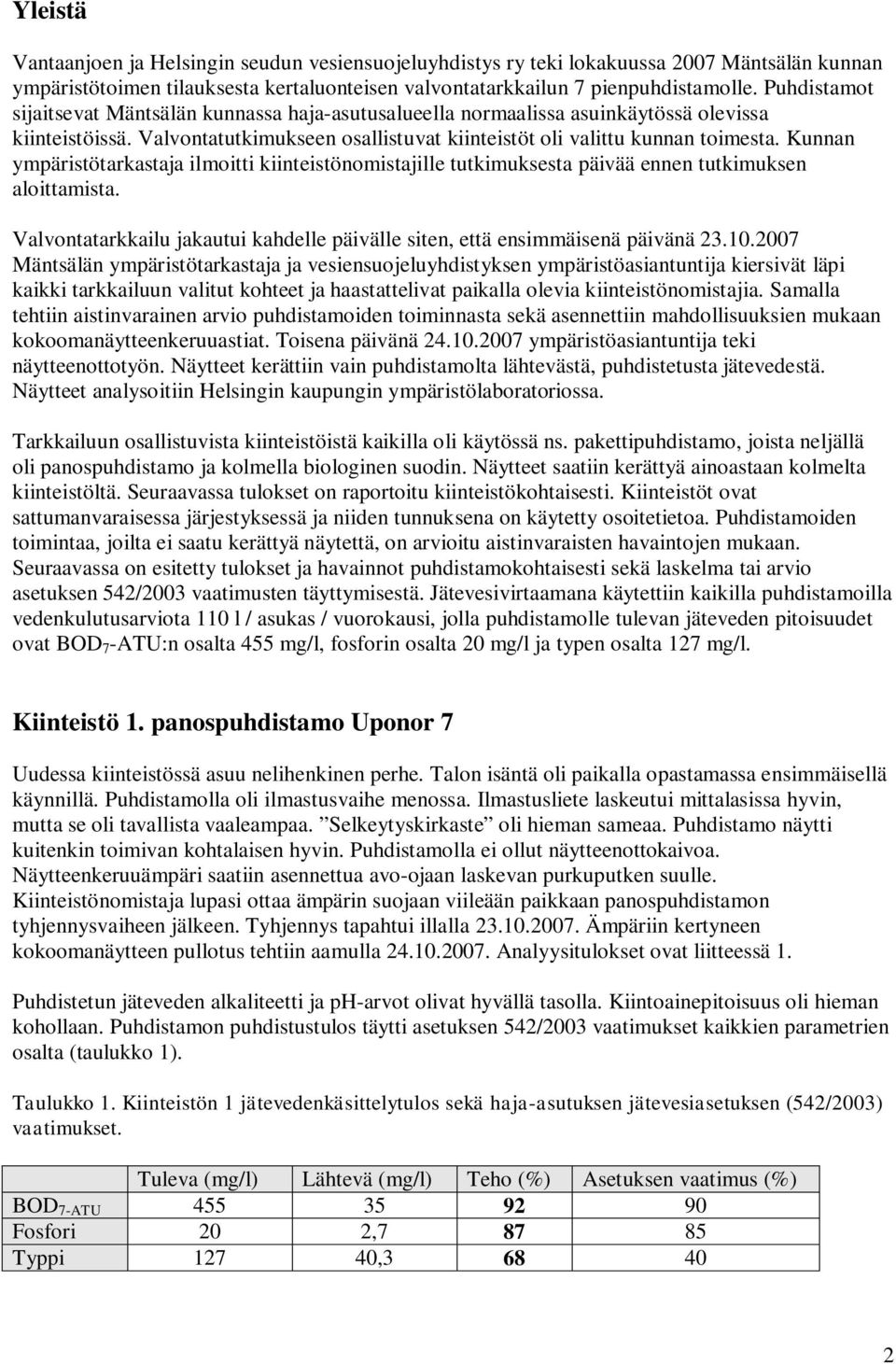 Kunnan ympäristötarkastaja ilmoitti kiinteistönomistajille tutkimuksesta päivää ennen tutkimuksen aloittamista. Valvontatarkkailu jakautui kahdelle päivälle siten, että ensimmäisenä päivänä 23.10.